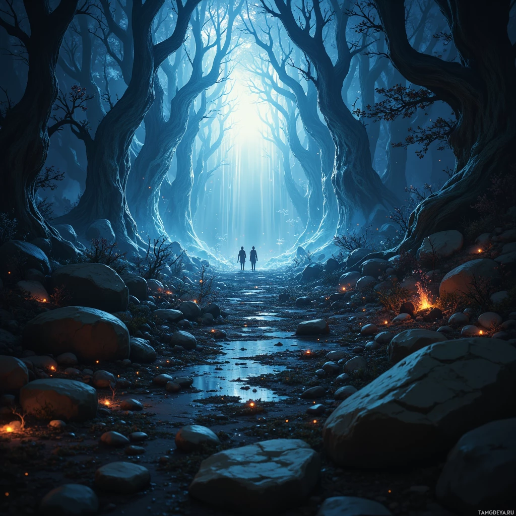 A serene forest scene with two figures walking towards a bright light at the end of a path.