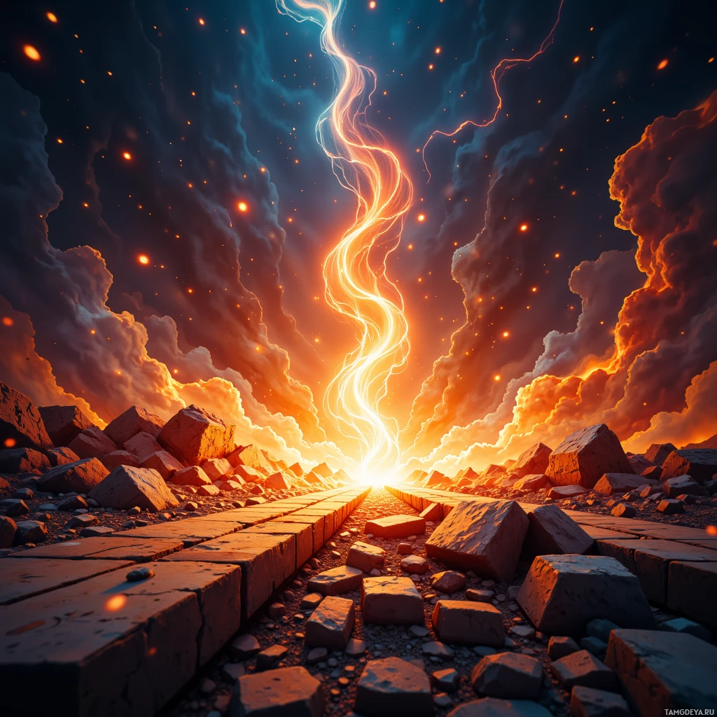 A dramatic sky with glowing clouds and a bright, fiery pathway leading towards a radiant light.