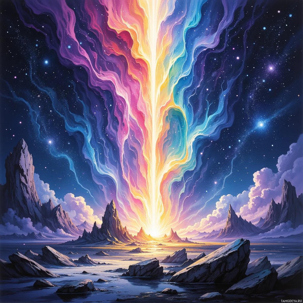 A vibrant cosmic scene with a radiant light beam descending from the sky, illuminating a fantastical landscape of jagged mountains and rocky shores.