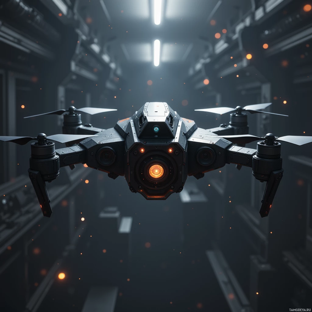 A futuristic drone with glowing lights and propellers hovers in a dimly lit, industrial environment.