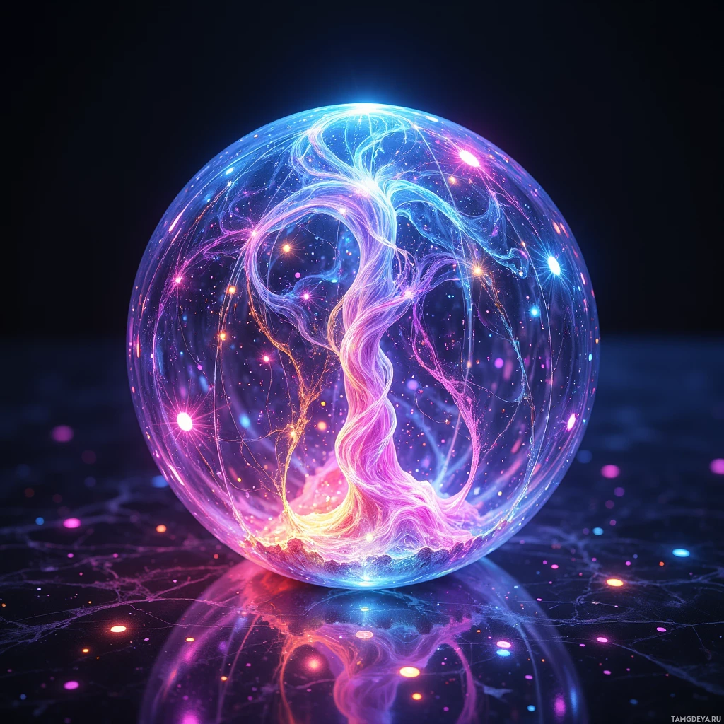 A glowing, colorful sphere with intricate, swirling patterns and bright spots against a dark background.