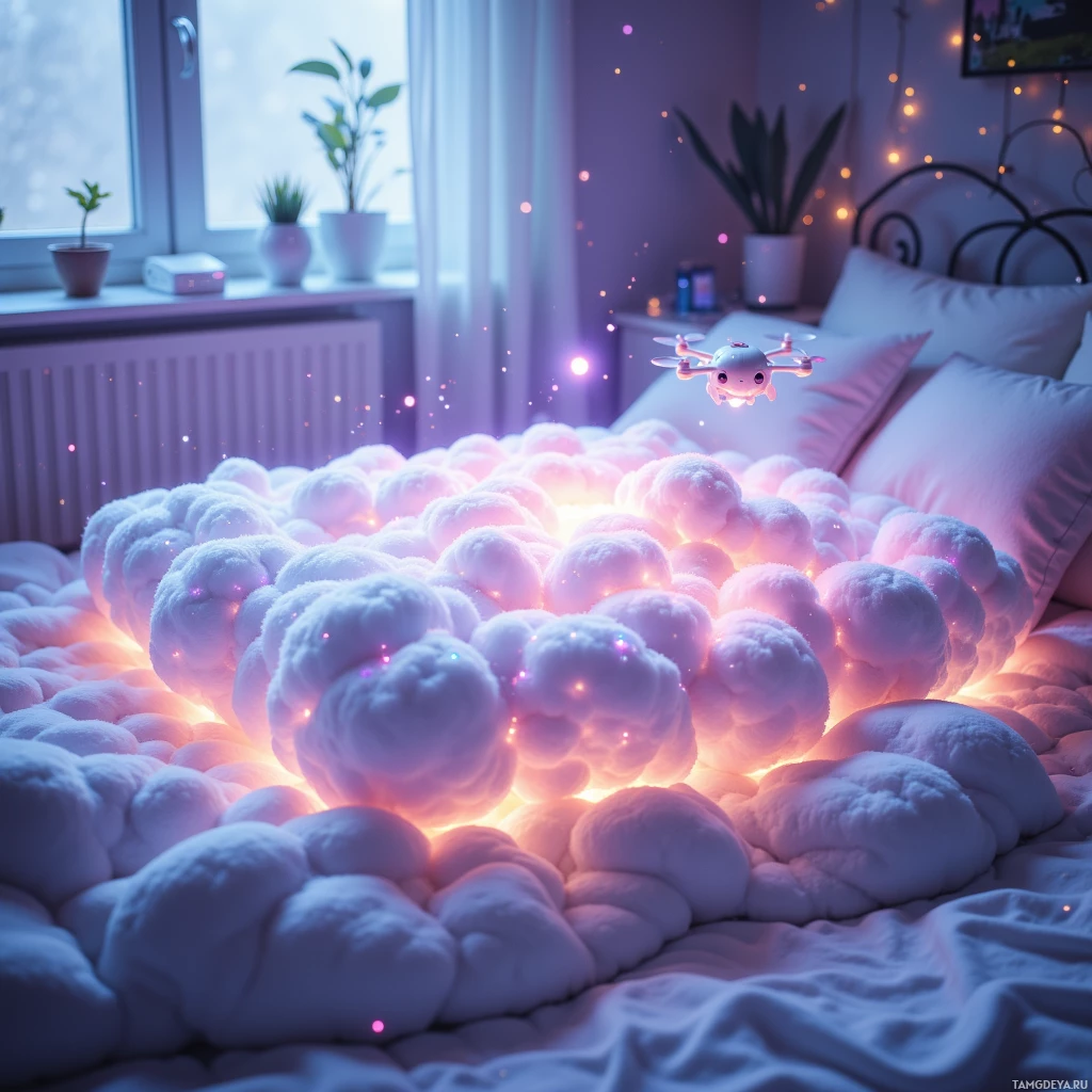 A cozy bedroom with a glowing, cloud-like bedspread and a small drone hovering above.