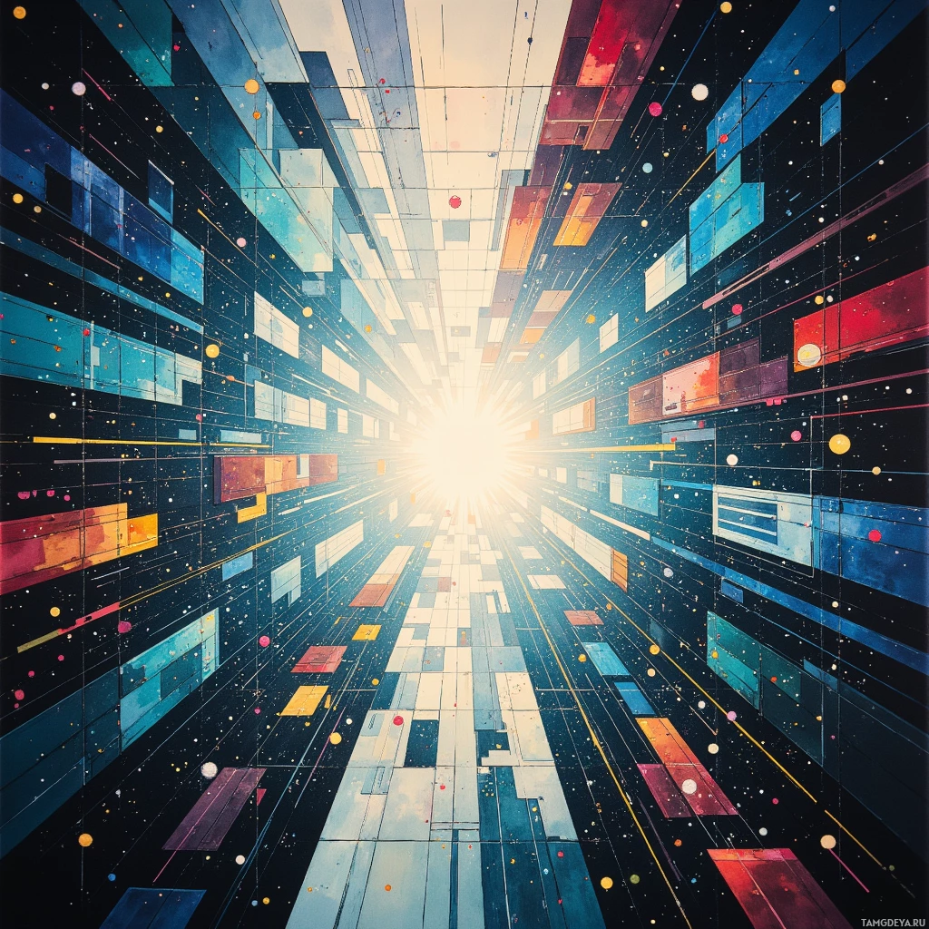 A futuristic, abstract digital artwork featuring a tunnel-like structure with glowing lines, geometric shapes, and scattered particles.