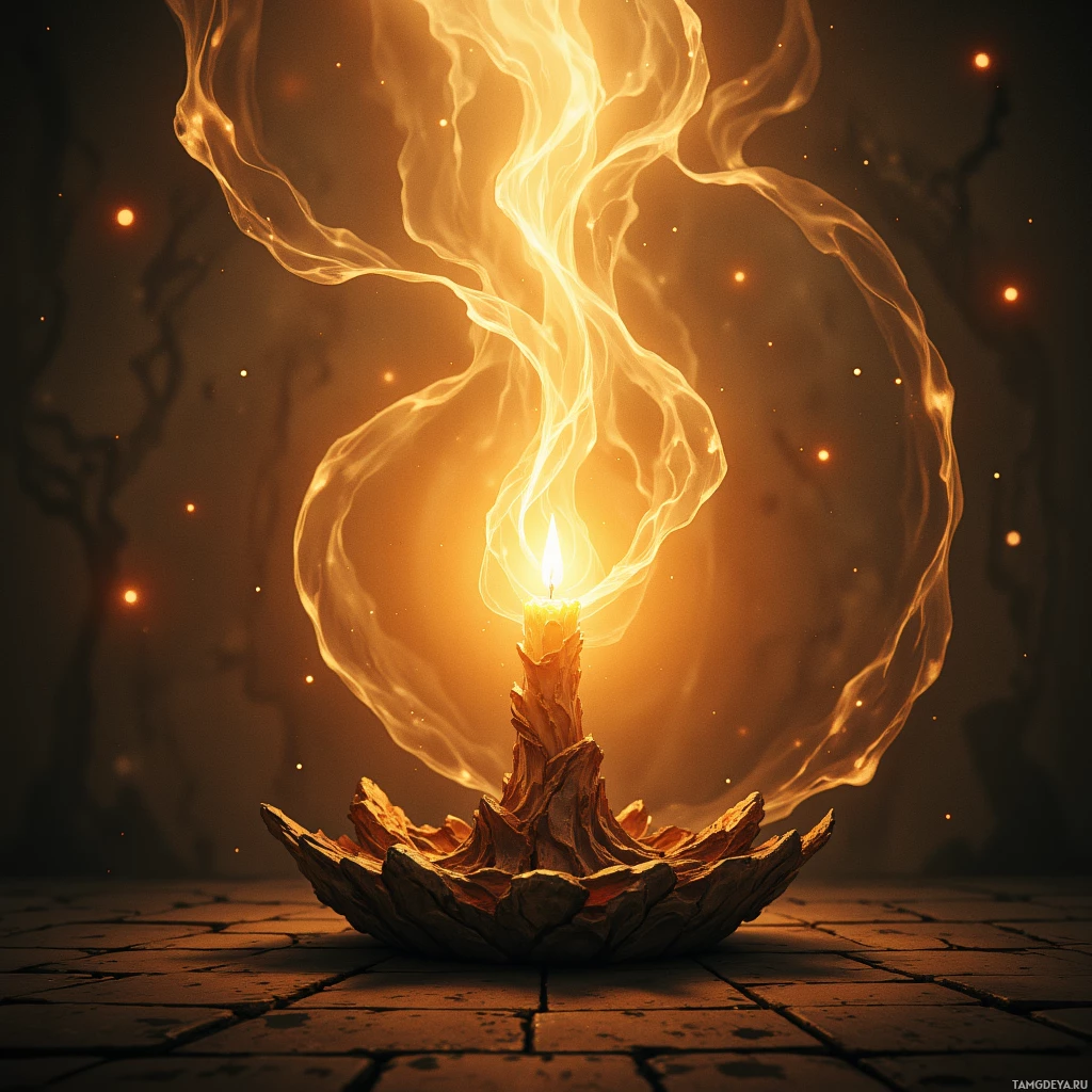 A glowing candle with swirling flames sits on a cracked stone surface.