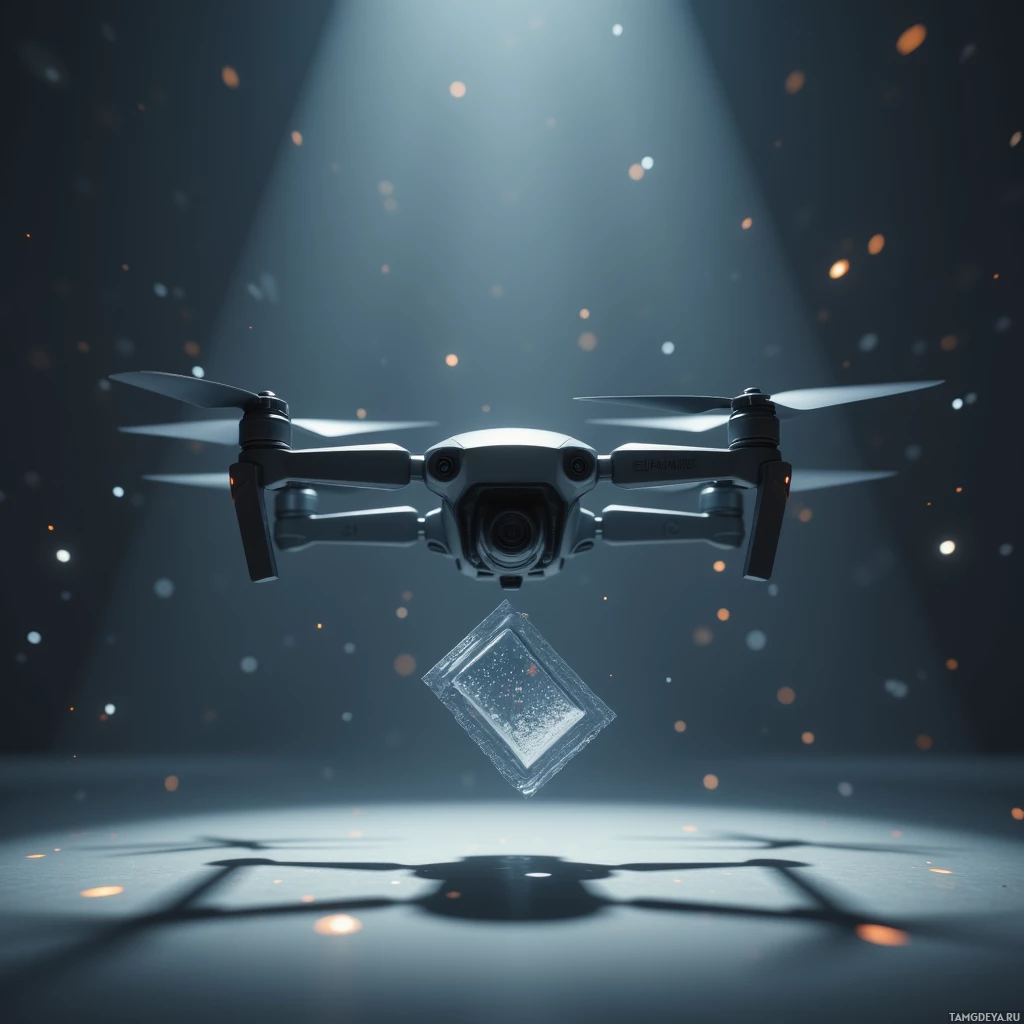 A drone hovers with a transparent cube suspended beneath it, set against a dark, starry background.