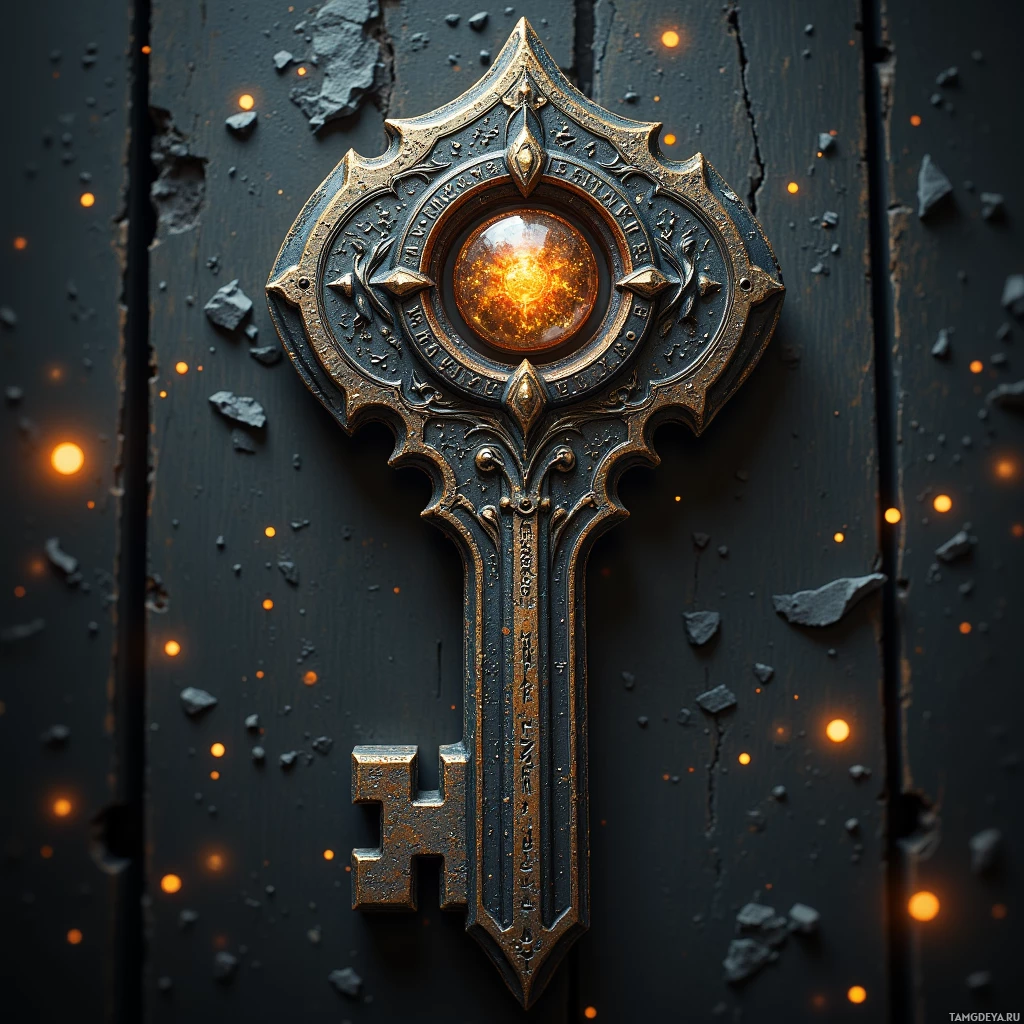 An ornate, golden key with a glowing center is affixed to a dark, cracked surface.