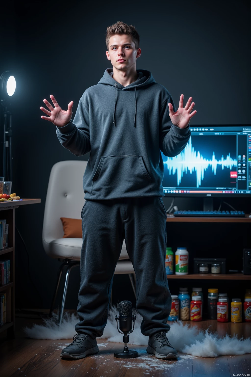 A person in a dark hoodie stands in front of a computer setup with a microphone and various items on a shelf.