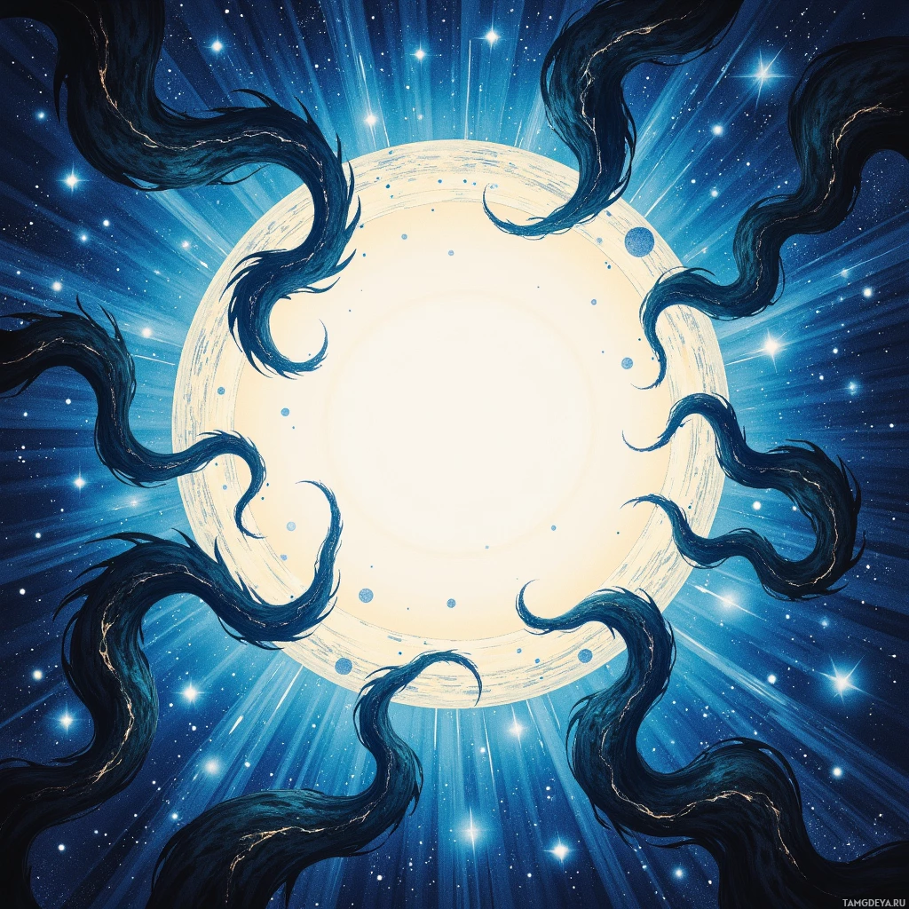 A celestial scene featuring a glowing orb surrounded by swirling dark tendrils and a starry background.