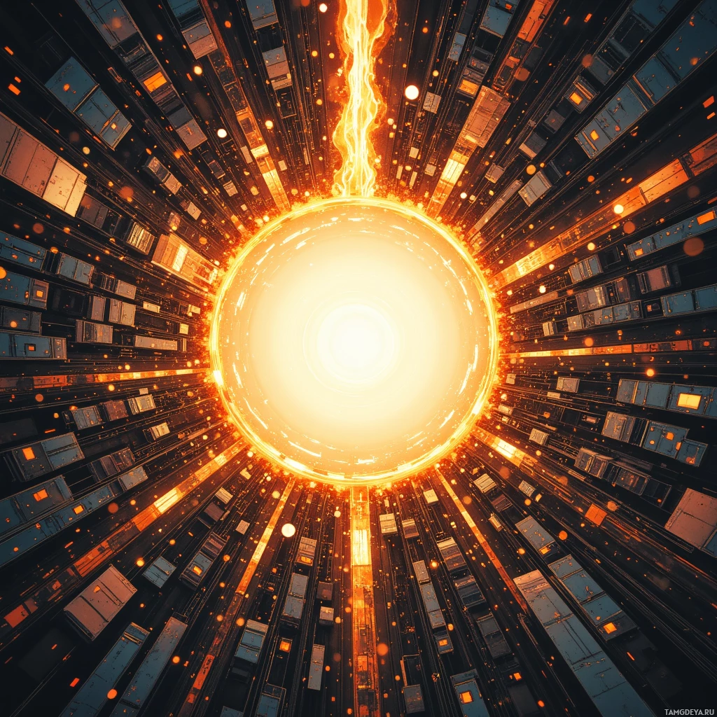 A fiery, glowing central light radiates outward, surrounded by a tunnel-like structure with rectangular patterns.