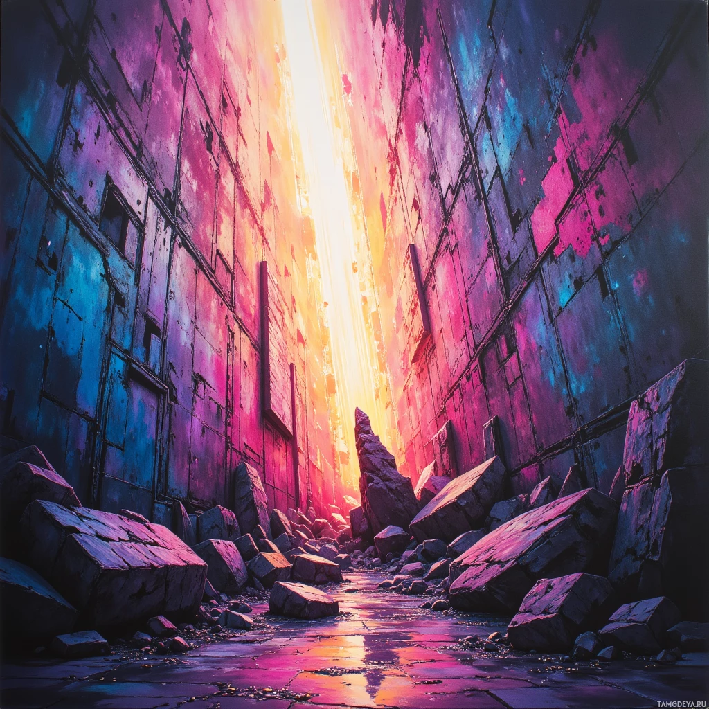 A vibrant, surreal alleyway with colorful walls and a glowing light at the end.