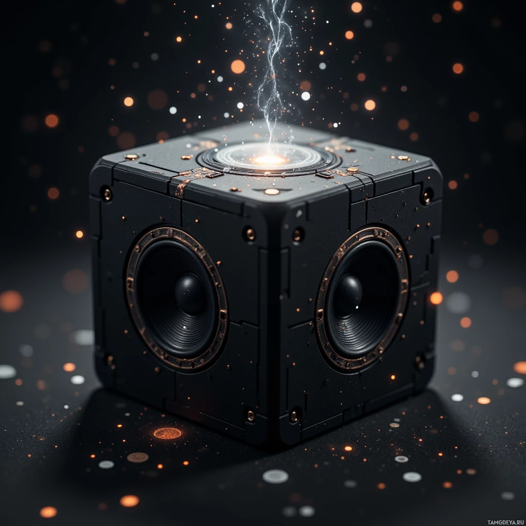 A futuristic black cube with glowing elements and a lightning bolt effect.
