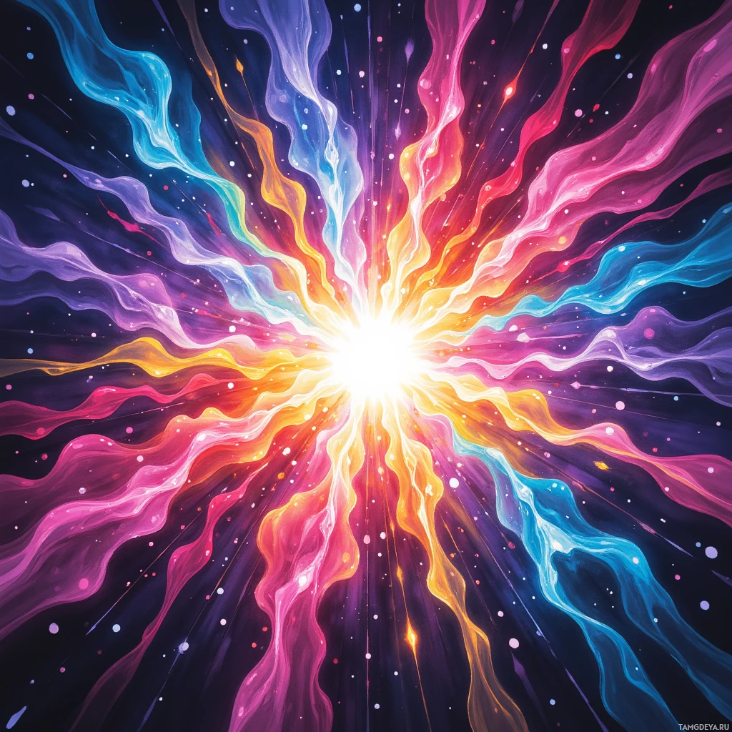 Яркая, абстрактная вспышка красок, расходящаяся от центра на темном фоне.