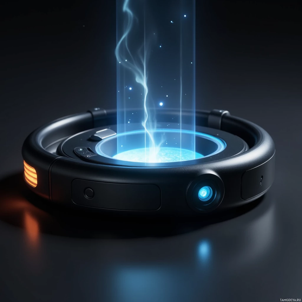 A futuristic device with glowing blue and orange lights and a central lens emitting a beam of light.
