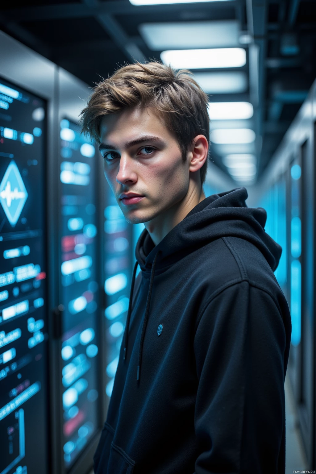 A young man in a hoodie stands in a futuristic, dimly lit environment with glowing screens.