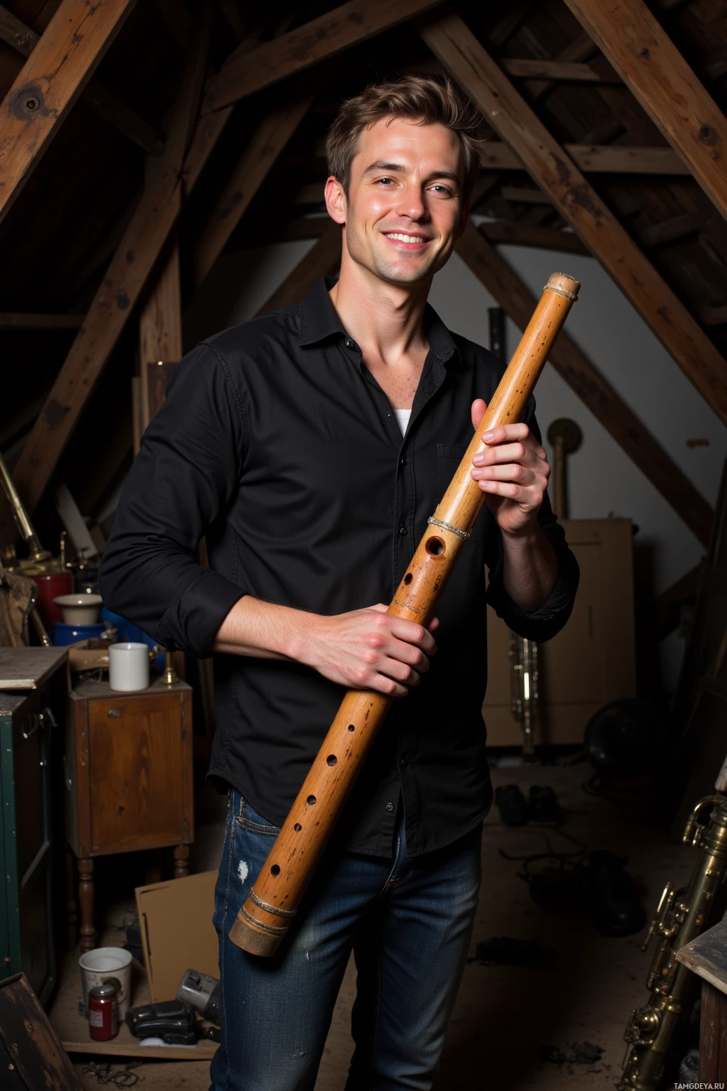 A man stands indoors holding a wooden flute, wearing a black shirt and jeans.