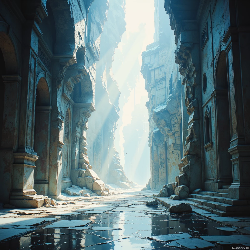 A sunlit, dilapidated alleyway with crumbling walls and scattered debris.