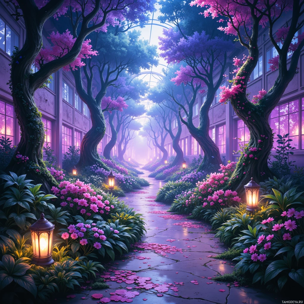 A whimsical garden path lined with blooming pink flowers and glowing lanterns, leading towards a bright light at the end.