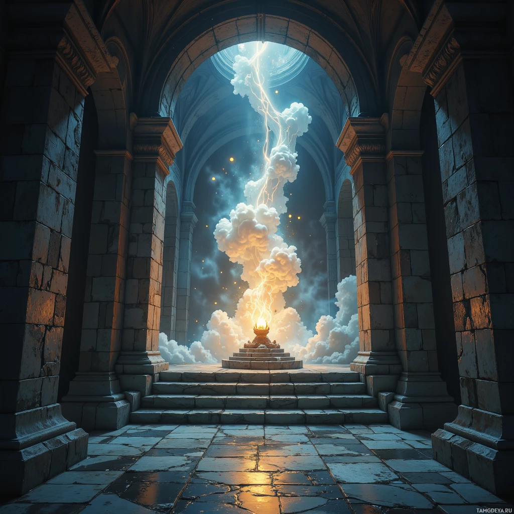 A grand stone archway leads to a bright, ethereal sky with lightning and clouds.