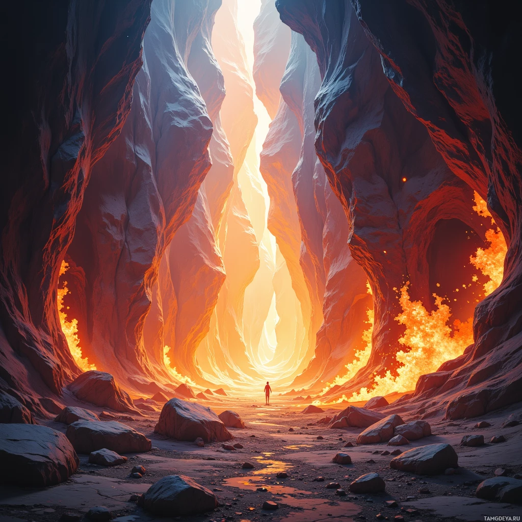 A lone figure stands at the entrance of a vast, fiery canyon with towering rock walls and glowing embers.