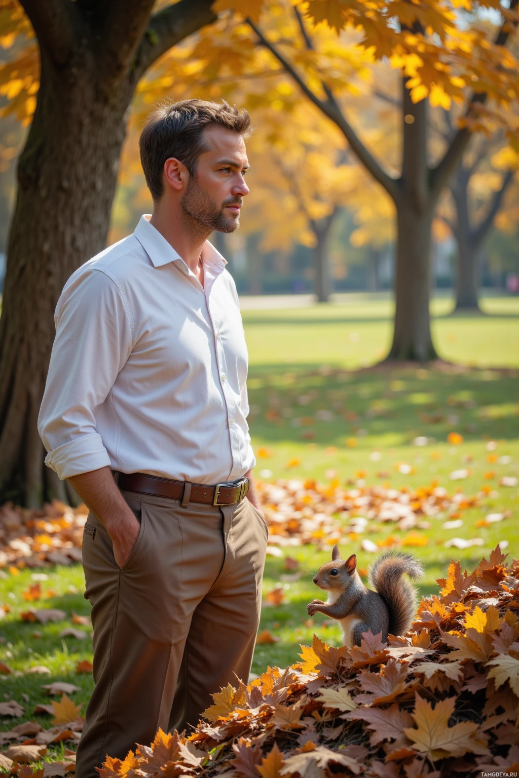 A man in a white shirt and brown pants stands in a park with autumn leaves and a squirrel nearby.