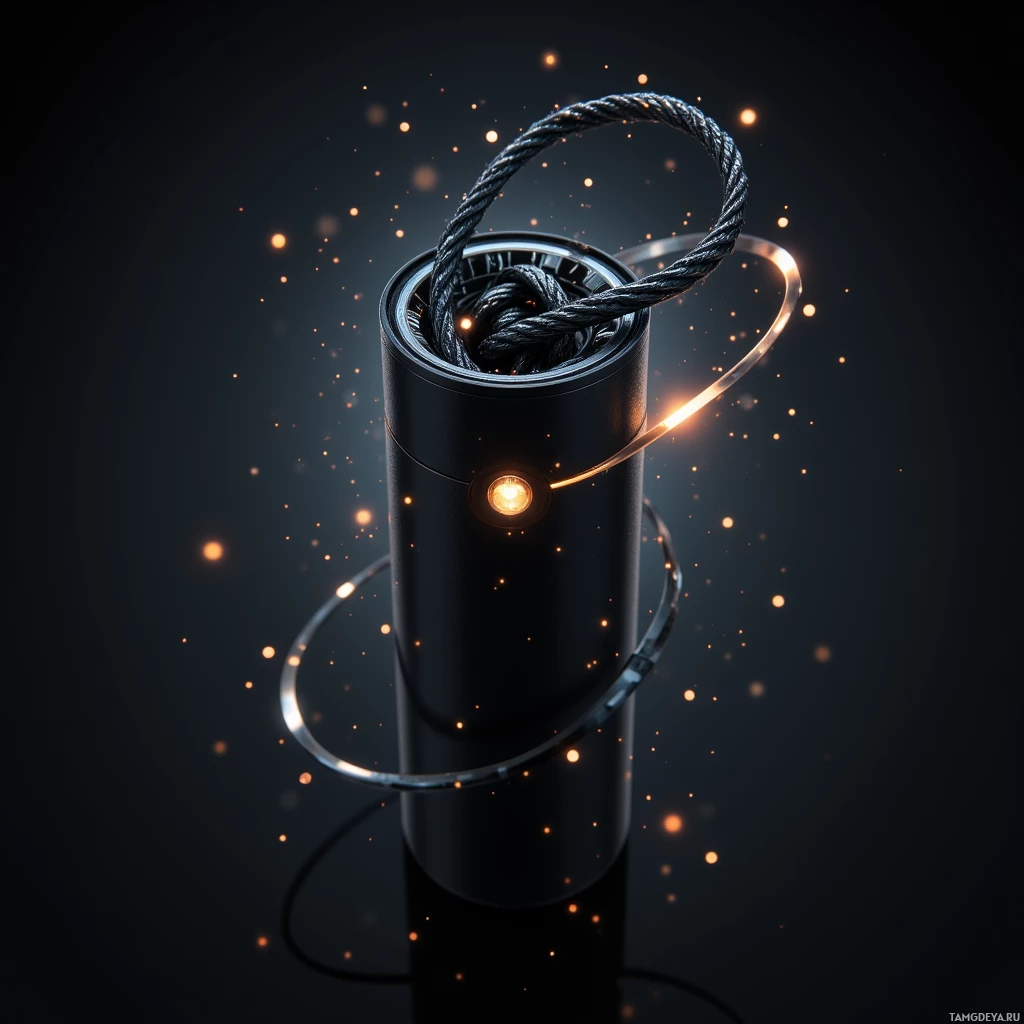 A cylindrical object with a coiled wire and glowing particles around it.