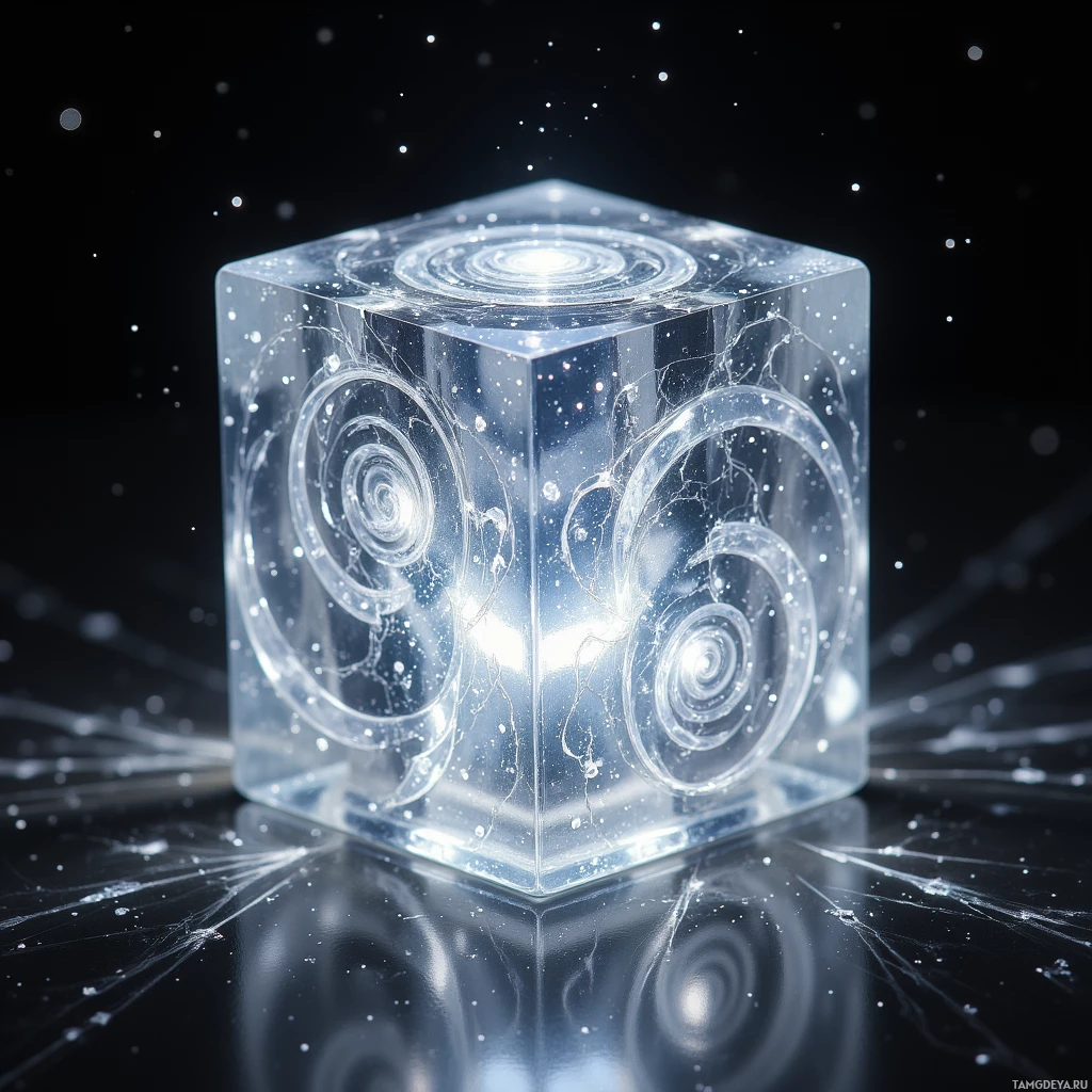 A transparent cube with swirling patterns and glowing elements inside, set against a dark background.
