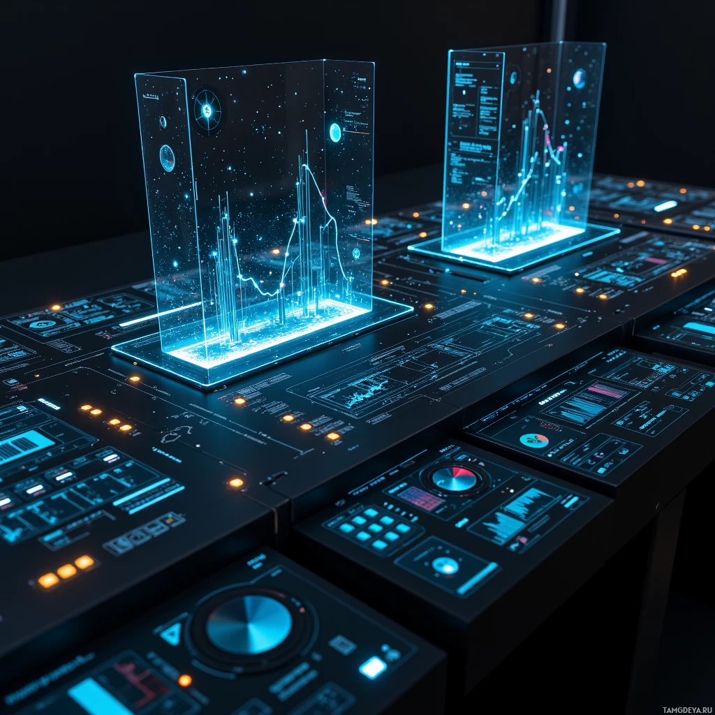A futuristic control panel with glowing blue holographic displays and illuminated buttons.