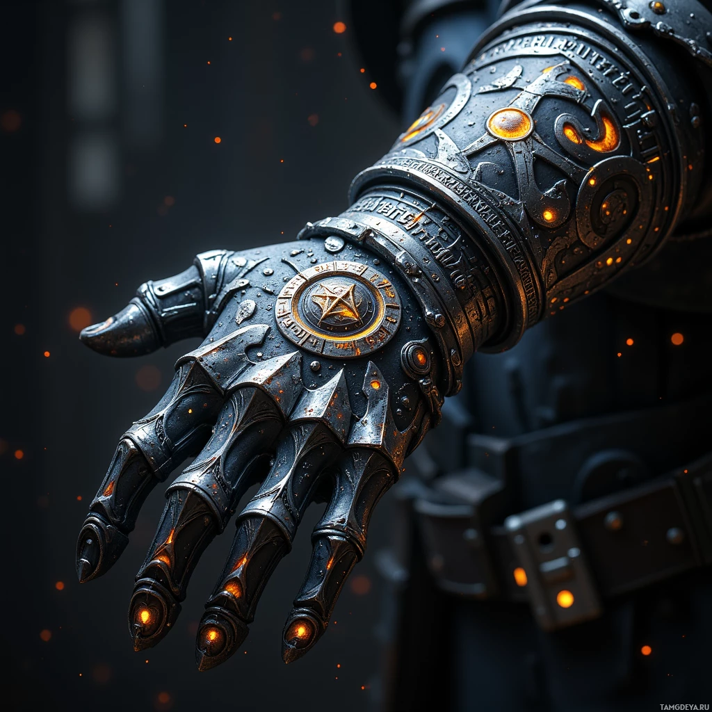 A close-up of a metallic, ornate robotic hand with glowing elements.