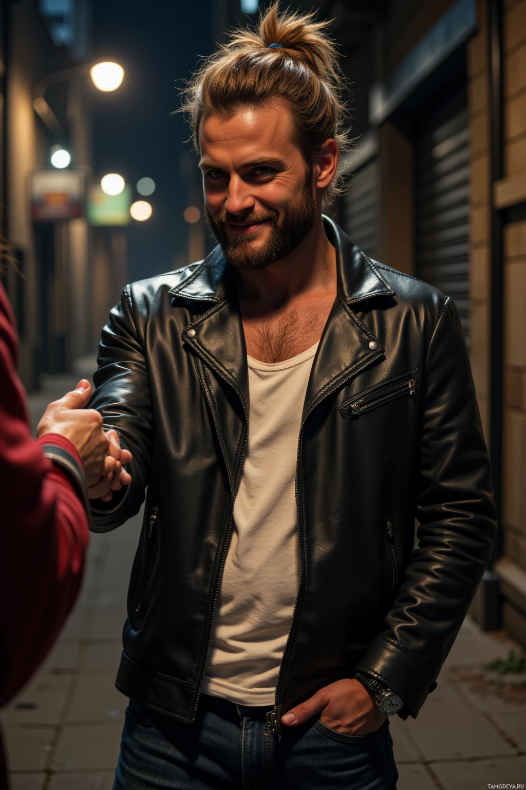 A man in a leather jacket and jeans shakes hands with someone off-camera.