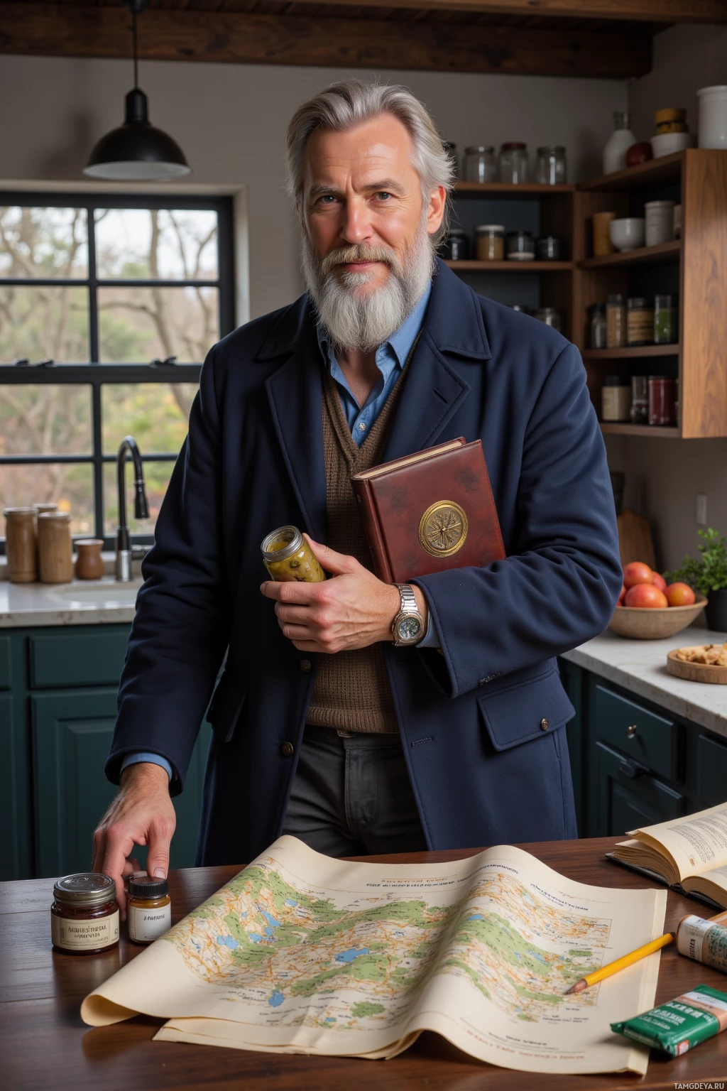 A man stands in a kitchen holding a book and a jar, with a map and other items on the table.