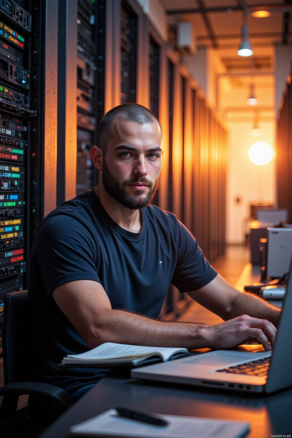 A man is seated at a desk in a server room, working on a laptop.