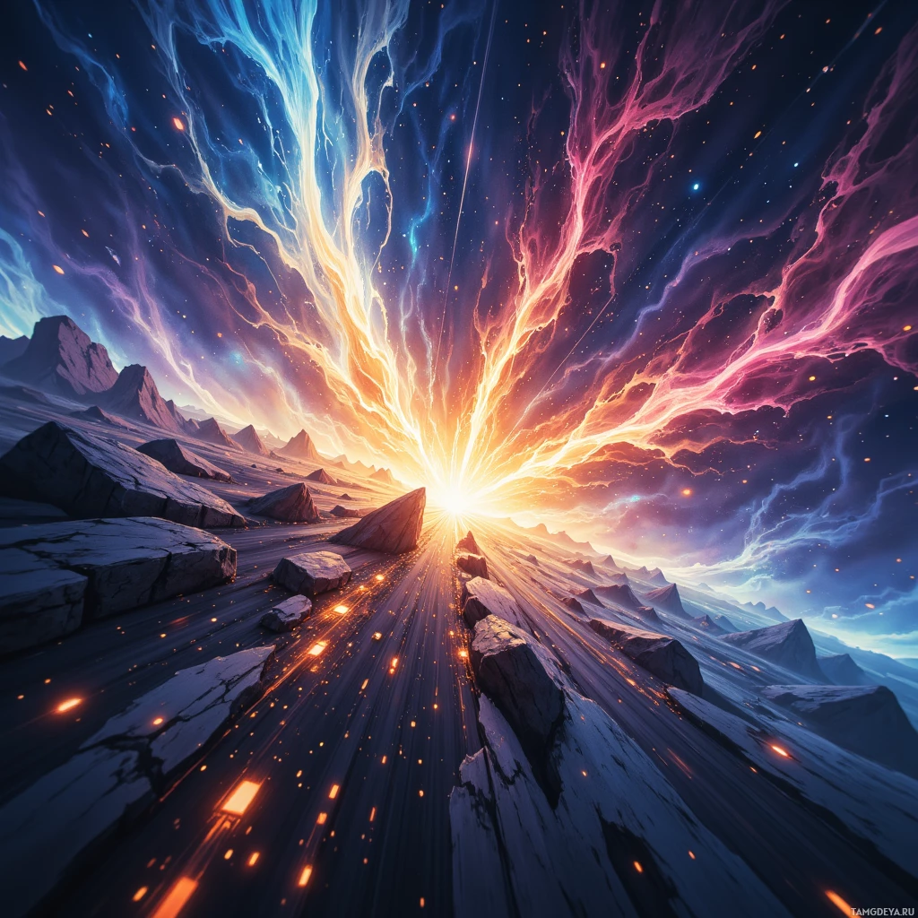 A vibrant cosmic scene with glowing energy streams and rocky terrain.