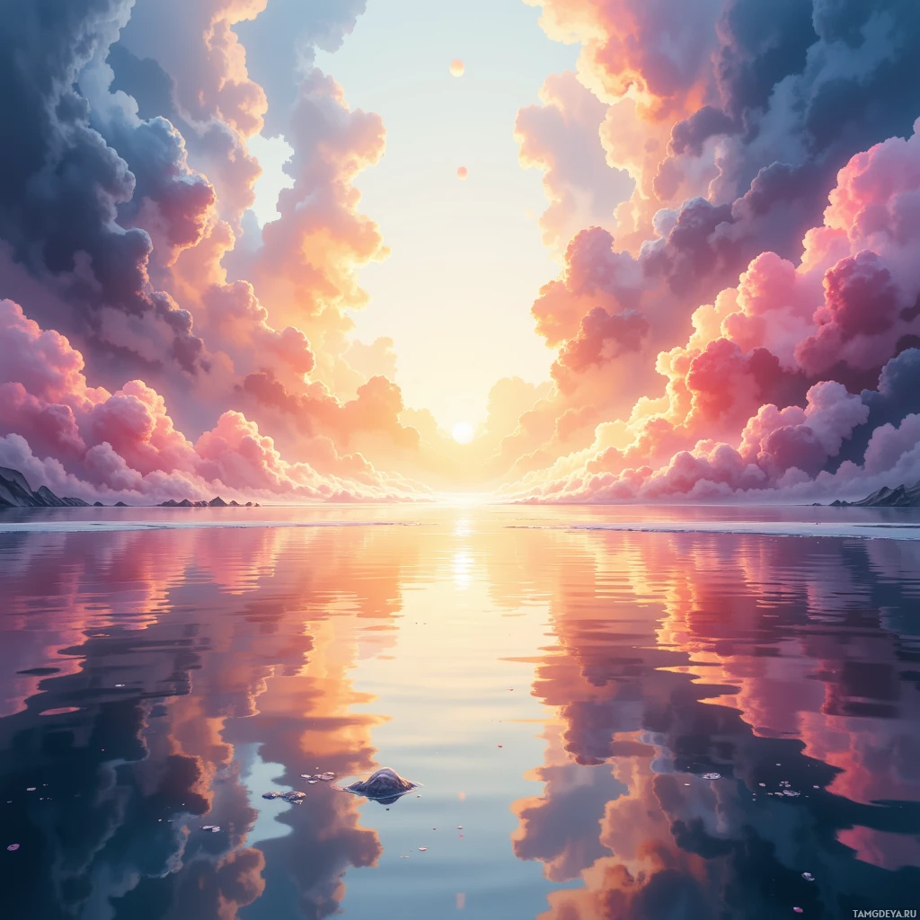 A serene sunset scene with vibrant clouds reflected in calm water.