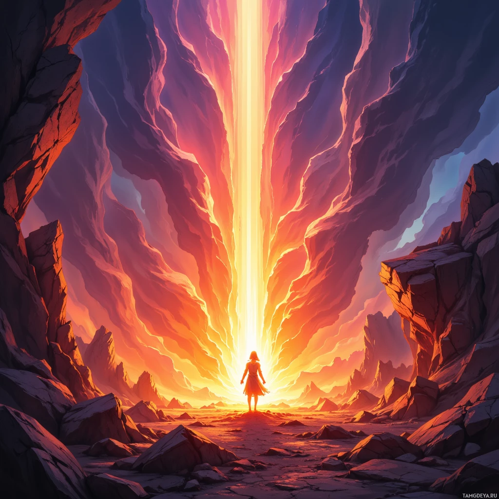 A lone figure stands at the entrance of a glowing, fiery chasm surrounded by jagged rock formations.