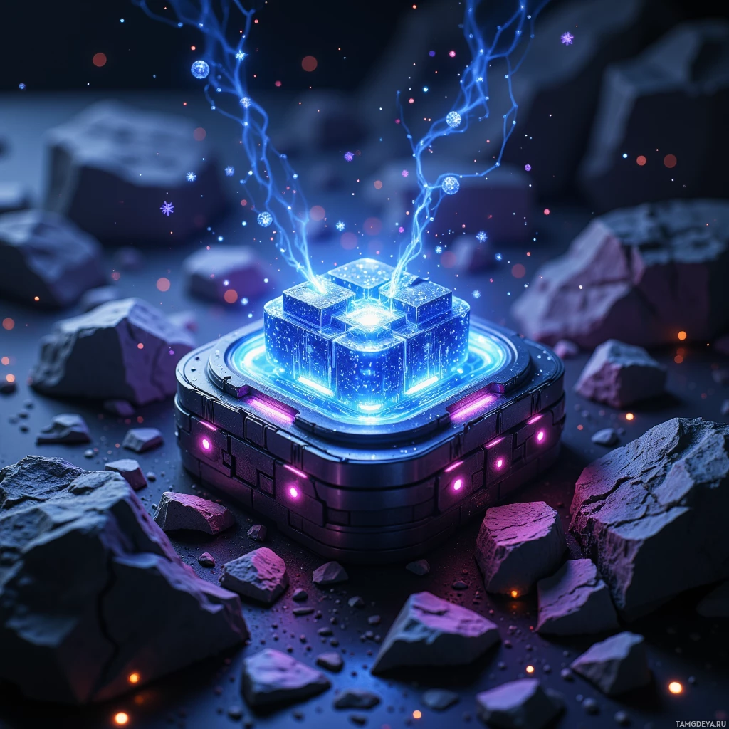 A glowing, futuristic cube emits blue and purple light amidst rocky terrain.