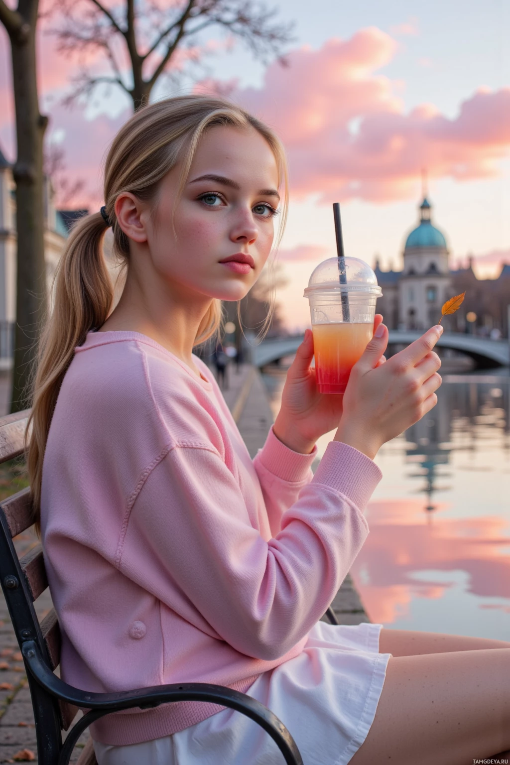 A person in a pink sweater sits on a bench holding a drink and a leaf, with a scenic background.