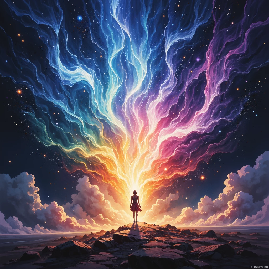 A person stands on a rocky outcrop, gazing at a vibrant, cosmic sky with swirling clouds and stars.