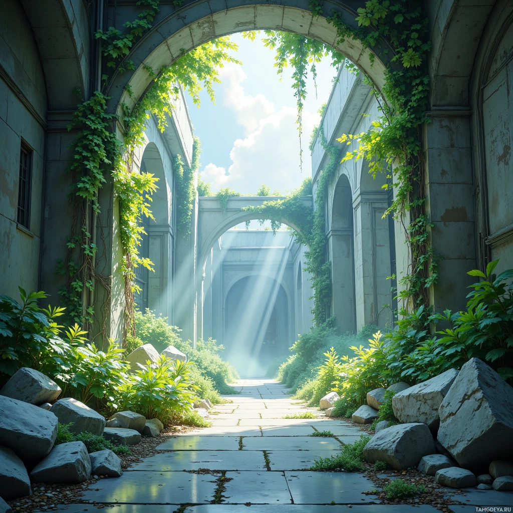 A serene pathway lined with arches and overgrown with greenery leads towards a bright sky.