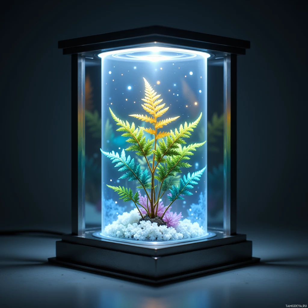 A glowing terrarium with a plant and white rocks inside, set against a dark background.