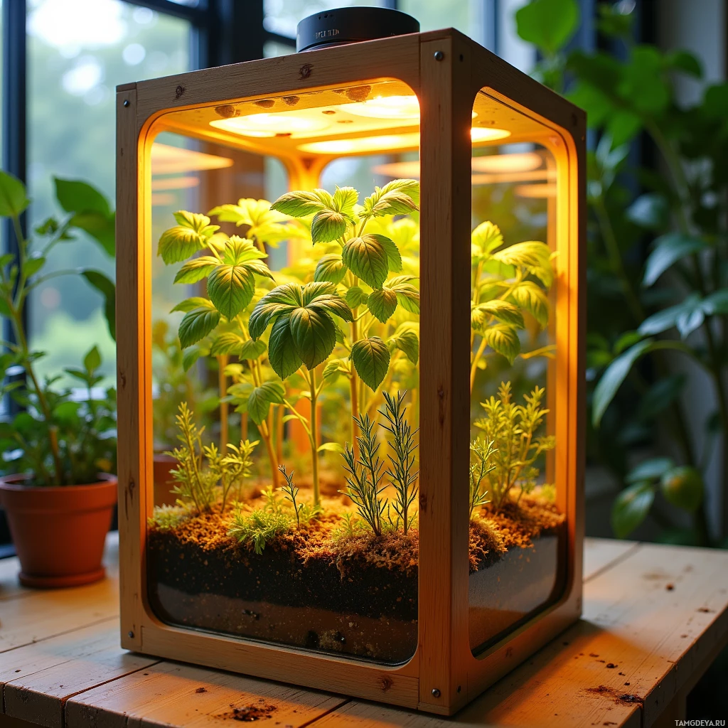 A wooden terrarium with plants and soil, illuminated from within, sits on a wooden surface.