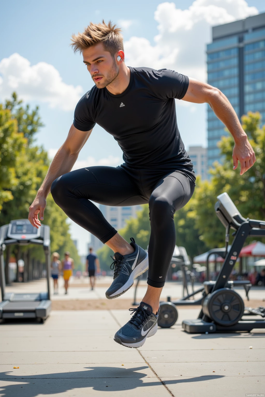 A man in athletic attire is mid-stride while running outdoors.
