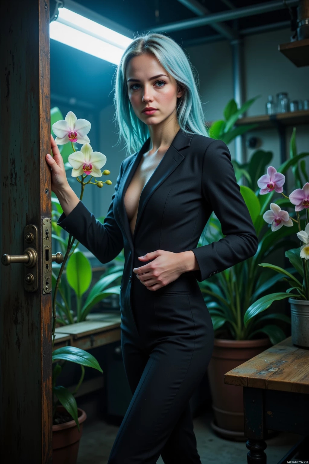 A woman in a black suit stands indoors, holding a white orchid, with plants and a rustic door in the background.