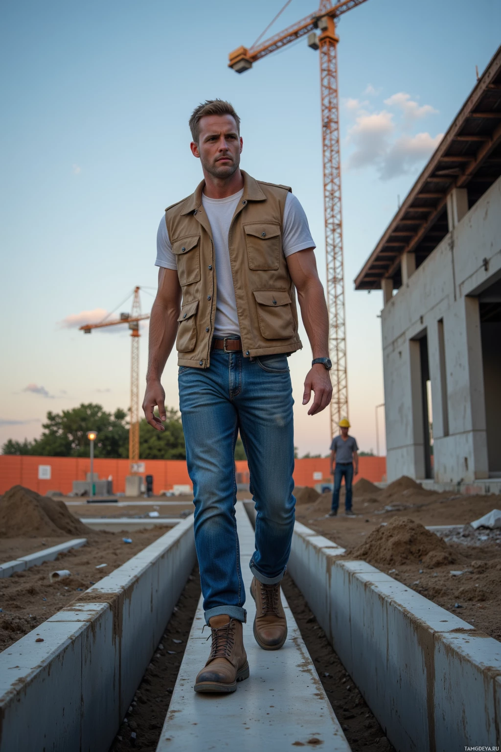 A man in a vest and jeans walks on a construction site with a crane and building in the background.