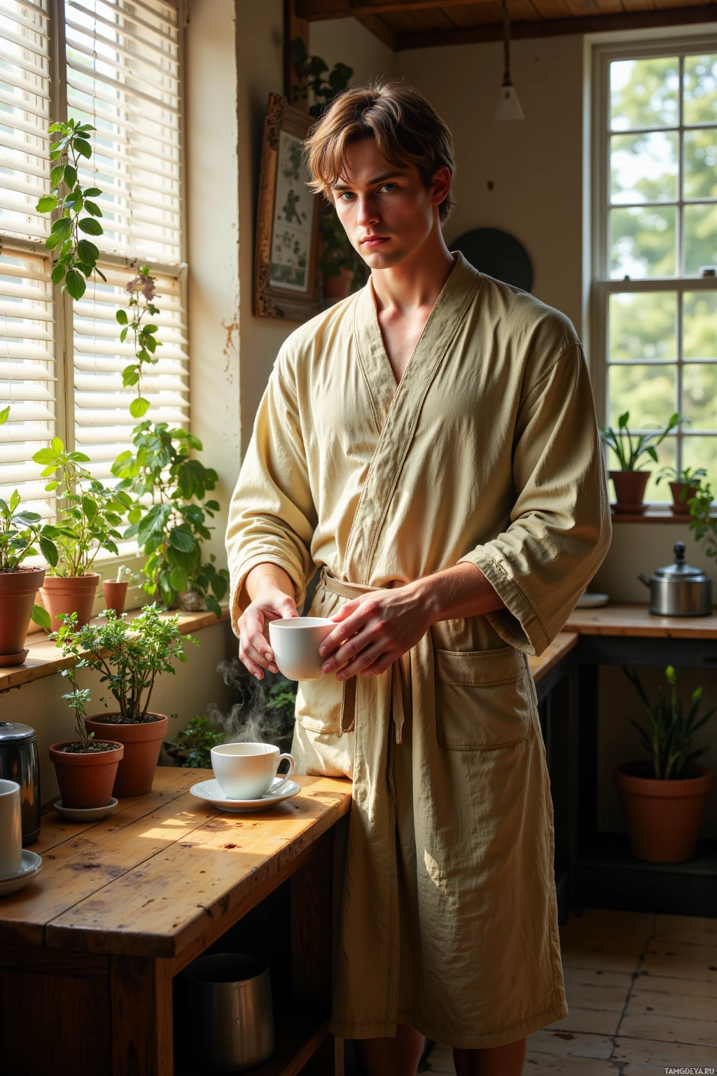 A person in a robe holds a steaming cup in a sunlit room with plants.