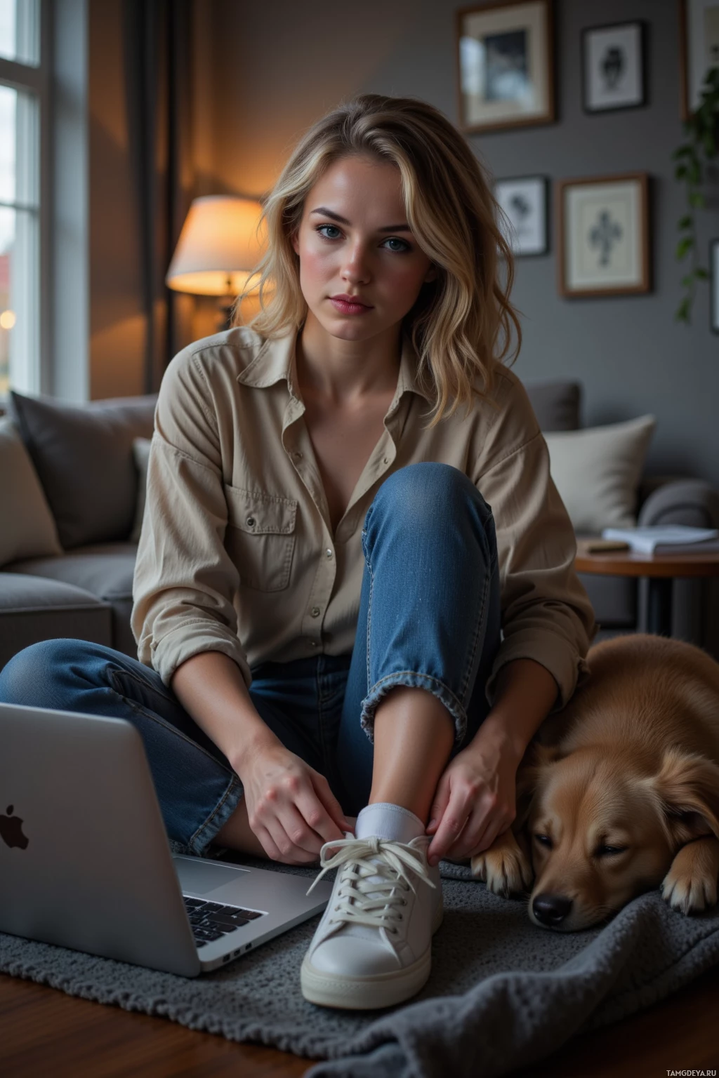A woman sits on a rug tying her shoe while a dog rests beside her.