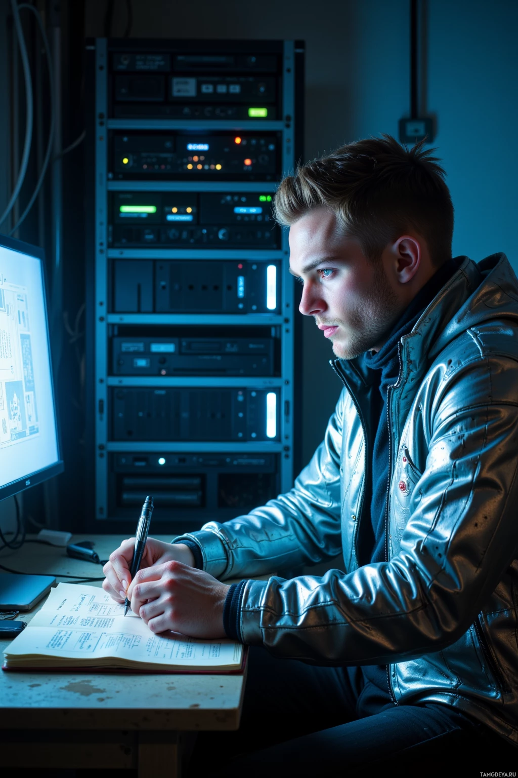A person in a leather jacket is working at a desk with a computer and server rack in the background.