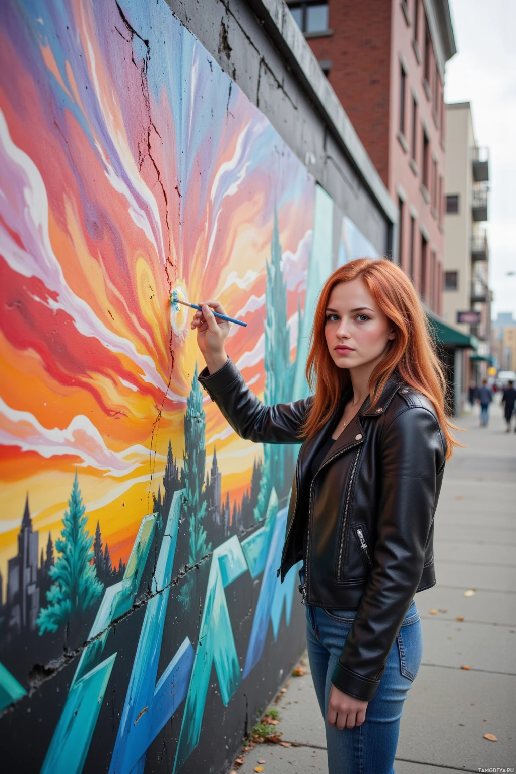 A person in a leather jacket stands beside a vibrant mural, holding a paintbrush.