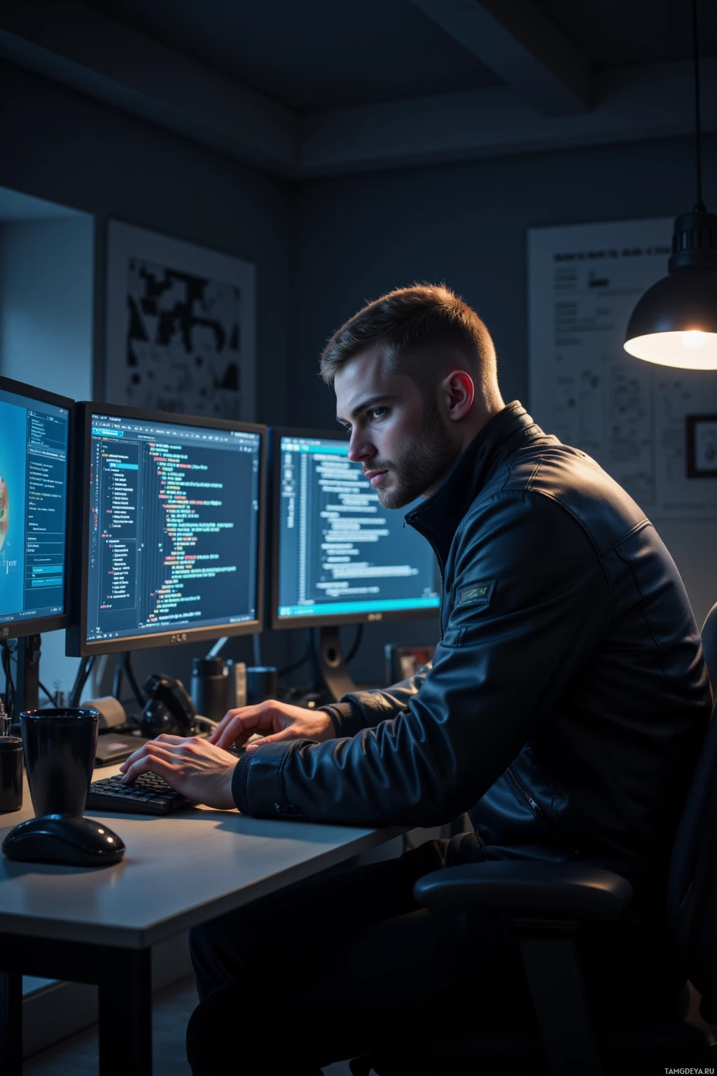 A person is working at a desk with multiple computer monitors displaying code.