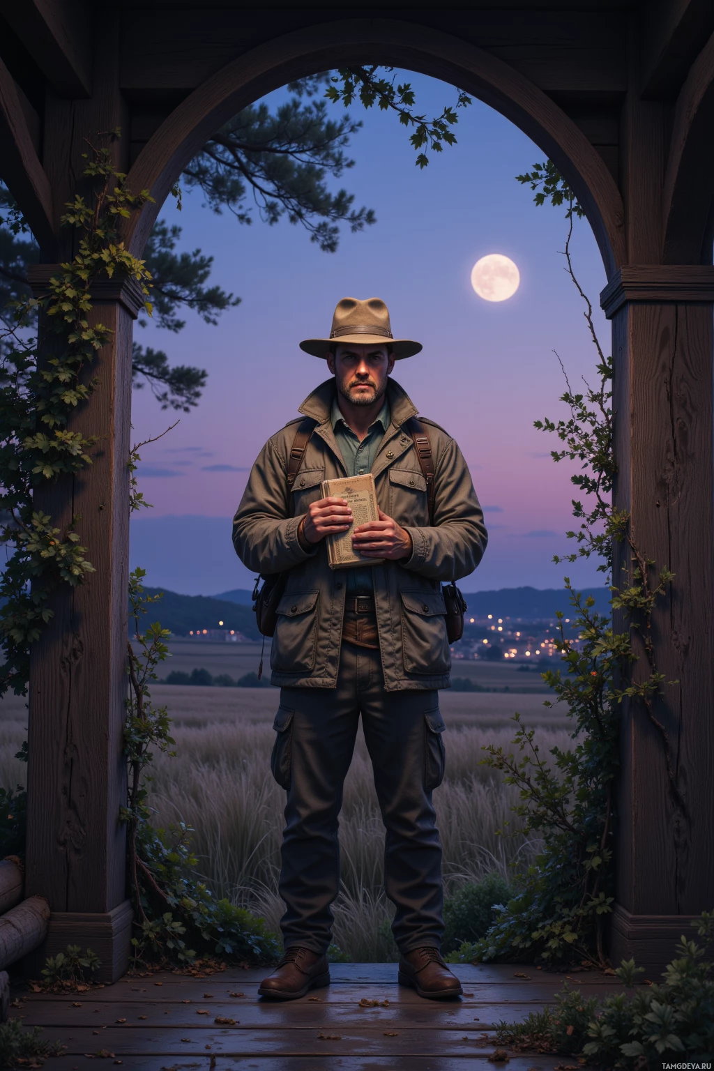 A man stands under an arched wooden structure holding a book, with a scenic view of a field and distant lights at dusk.