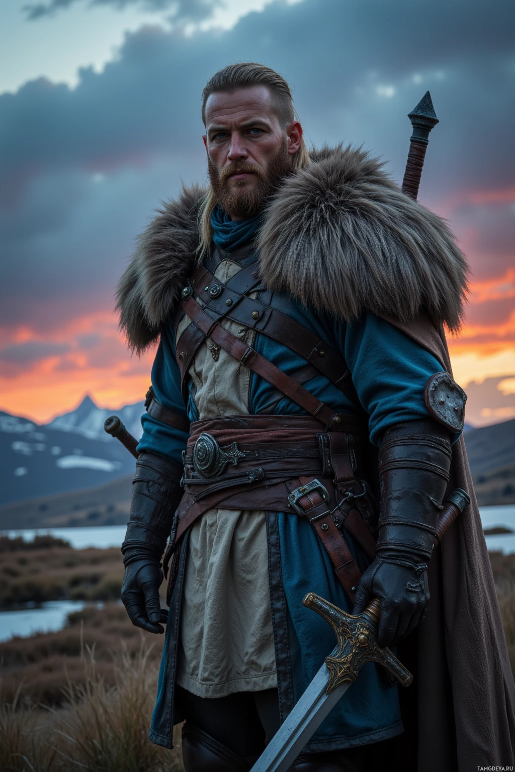 A warrior in medieval attire stands against a dramatic sky, holding a sword.